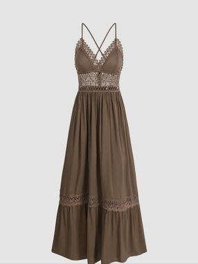 Cider Solid Lace Trim Tiered Maxi Dress Brown Crochet-Detail Size Small/Med